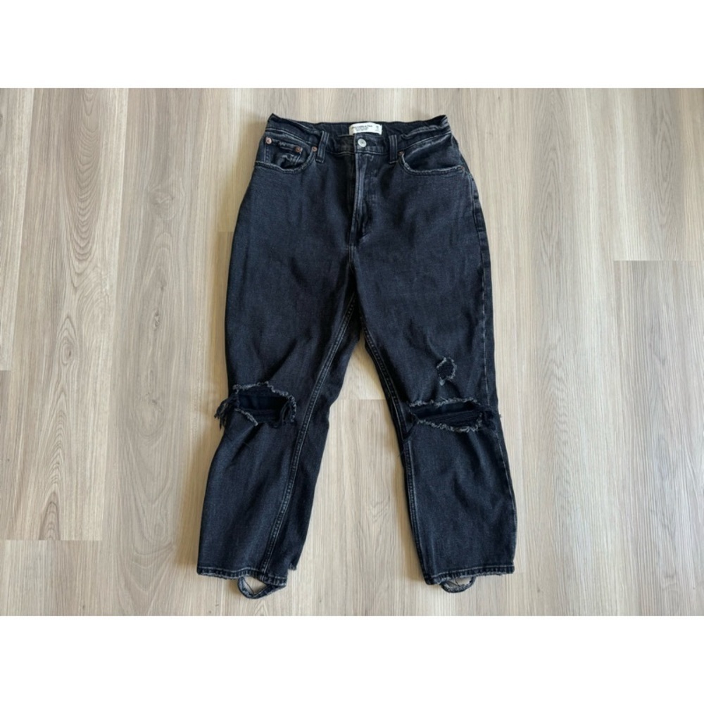 ABERCROMBIE + FITCH The Ankle Straight Ultra High Rise Distressed Black Jeans